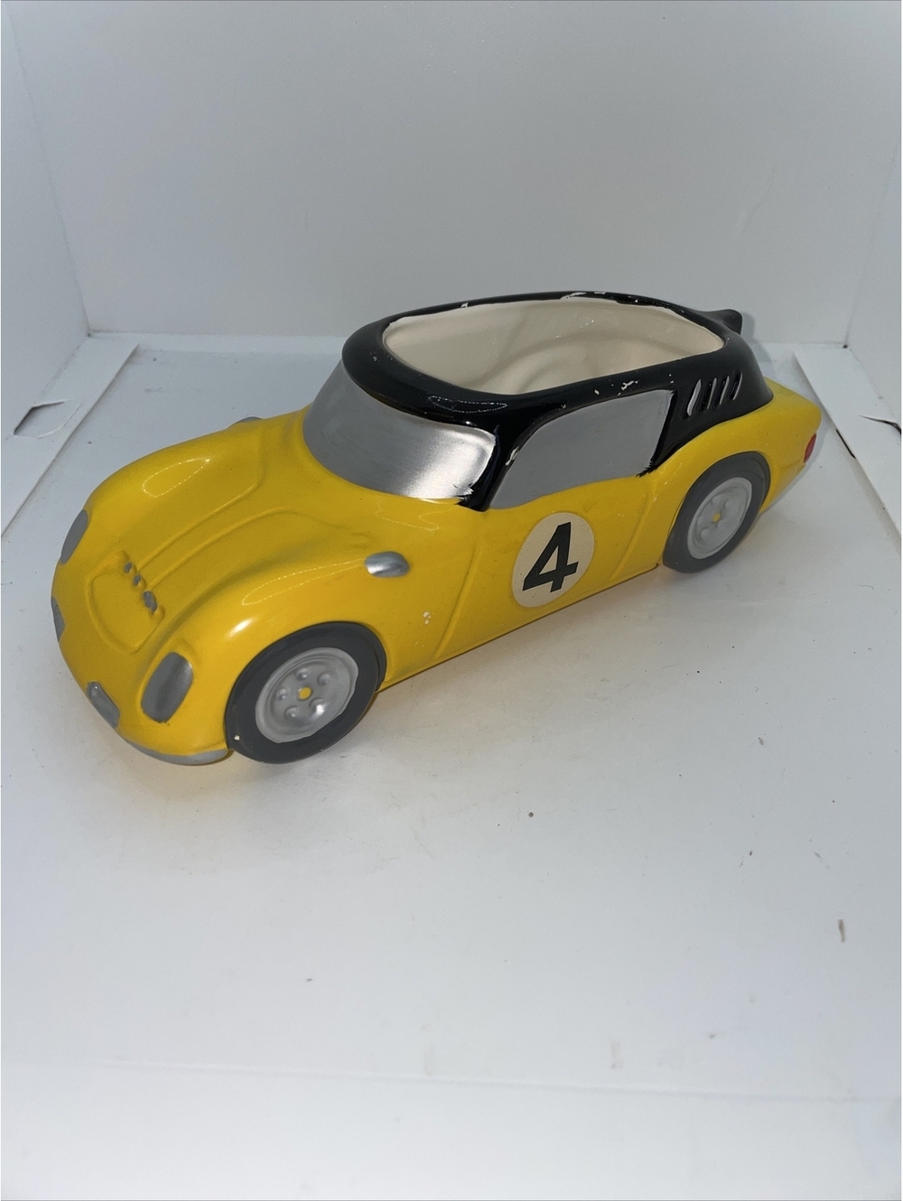 Vtg Japan Napco race car planter yellow #4 Napcoware Stockcar Racing RARE